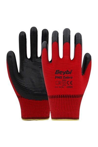 Beybi Pn Zebra Kırmızı Polyester Örme Nitril Eldiven (9/l)