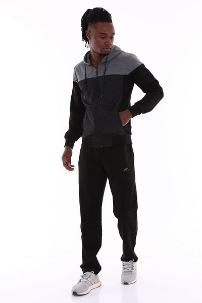 ZEYMERADE Set de trening sport din bumbac, cu glugă, cu fermoar, negru