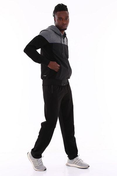 ZEYMERADE Set de trening sport din bumbac, cu glugă, cu fermoar, negru