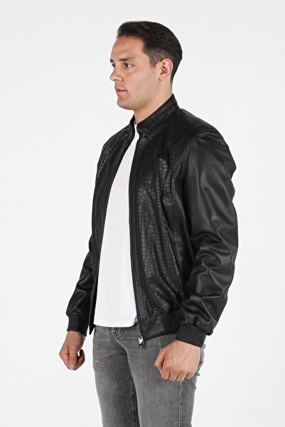 Derimiz Hakiki Siyah Timsah Derisi Baskılı Erkek Mont