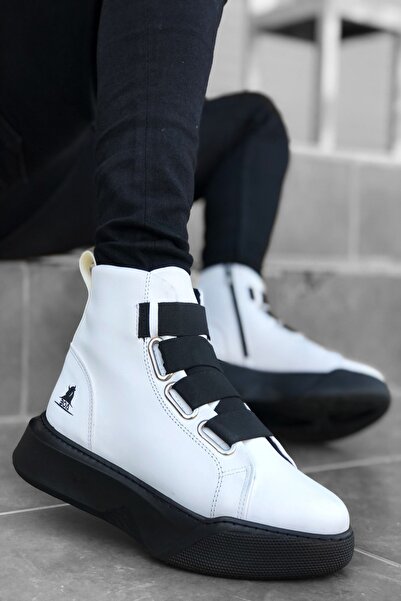 Mida Shoes Men's High-Sole White Sports Boots - Tape Detailed