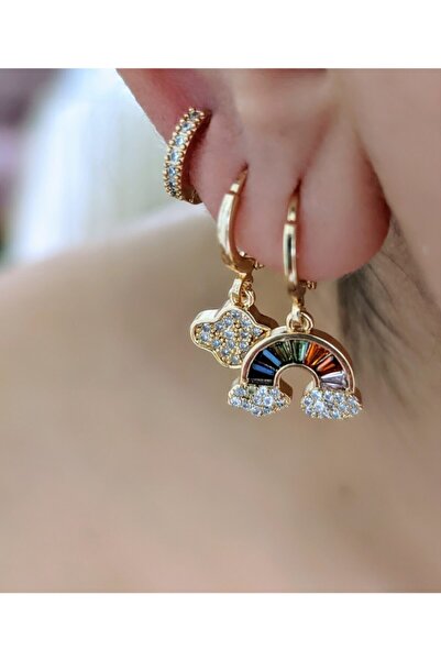 SU PERİSİ TAKI BİJUTERİ Gold Gökkuşağı , Bulut Model 3 Lü Set Küpe