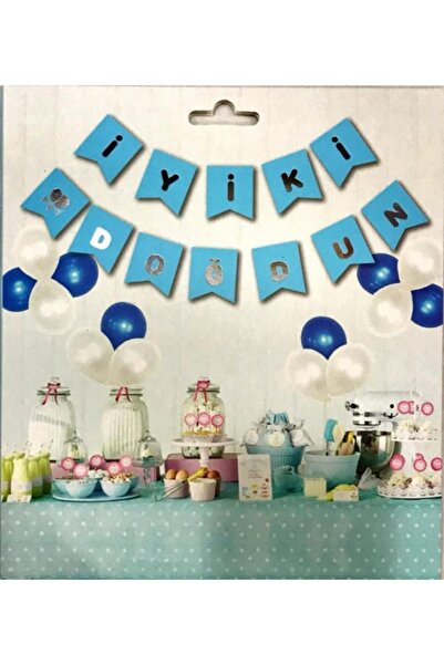 BEST PARTİ Iyi Ki Doğdun Yazılı Flama Karton Bayrak Seti -mavi Zemin, Gümüş R...