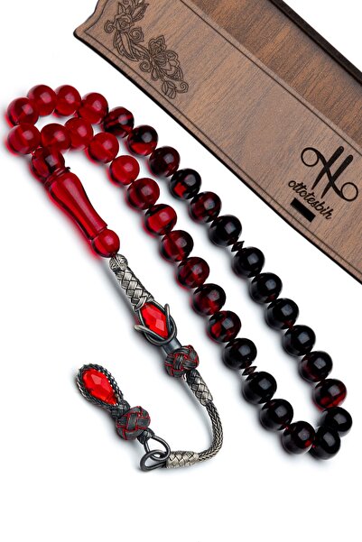 OTTOTESBİH Ασημένια χάντρα προσευχής με φούντα Kazaz 9mm, κόκκινο μαύρο φωτισ...