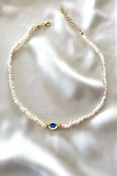 gaila design Natural Pearl Necklace with Evil Eye Detail