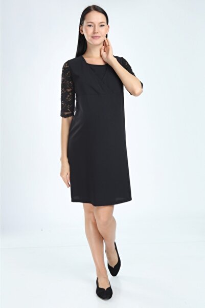 Entarim Siyah Krep Dantelli Truvakar Kol Hamile Elbise