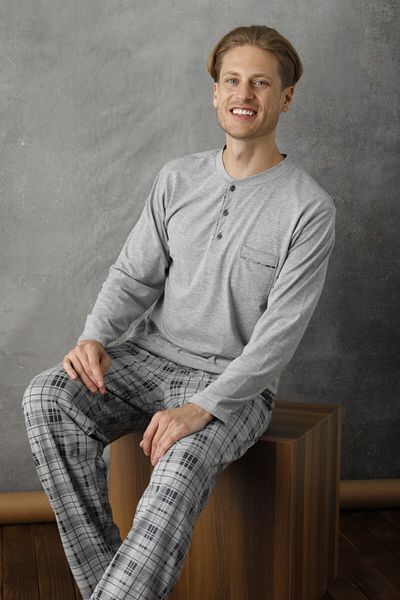 çorapdunyam Kly Midi Collar Indigo Men's Long Pajama Set