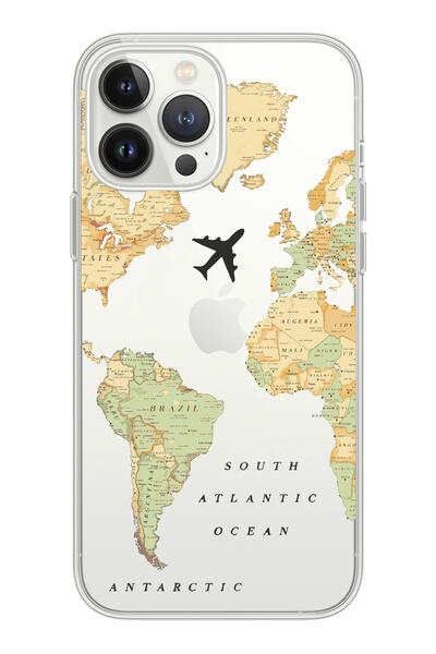 shoptocase Iphone 13 Pro Şeffaf Eski Dünya Haritası Desenli Telefon Kılıfı