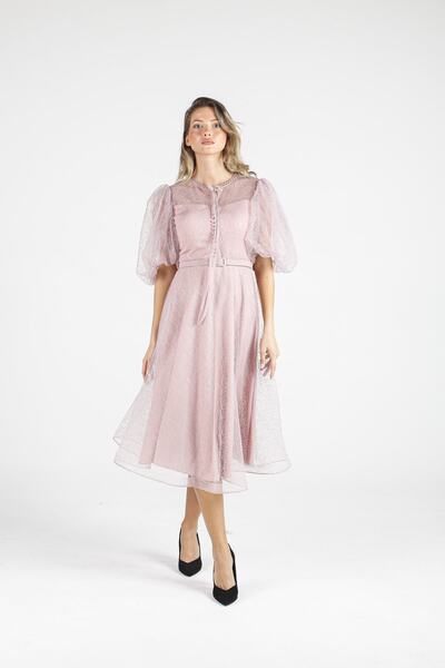 ALİS DRESS Dantel Detaylı Düğmeli Pudra Elbise