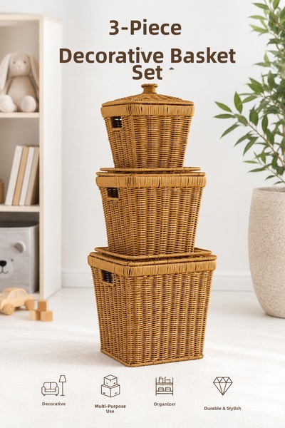 naturelove Set de 3 coșuri decorative cu aspect de răchită – Organizator mult...