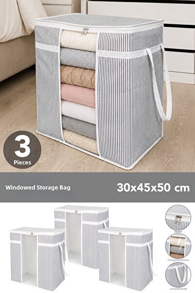 Meleni Home 3 Pieces Storage Bag with Windows - Striped Clothing Organizing P...