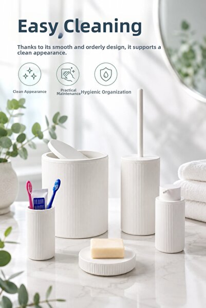 Eco Lounge مجموعة إكسسوارات الحمام الحديثة المكونة من 5 قطع باللون الأبيض تتض...