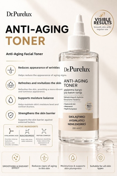Dr.Purelux Anti Aging Anti-Aging Toner 200 ml |   Firming Facial Tonic with Hyaluronic Acid, Niacinamide, and Peptide Complex