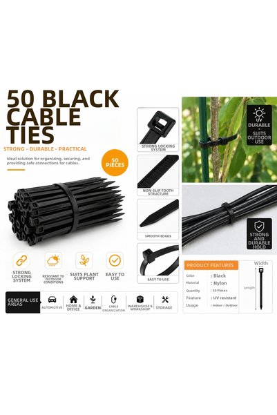 GENERAL 50 Pieces Black Cable Tie 400 mm Plastic Hook and Loop Clamp Uv Resistant