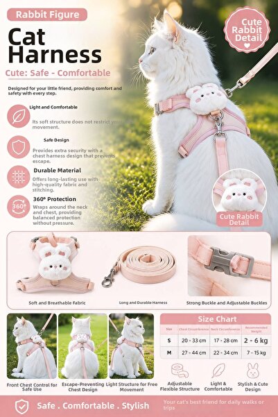 Floria Cat Chest Harness and Leash Set - Adjustable, Anti-Escape, 120cm Strap