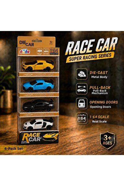 dude 4-Piece Die Cast Metal Sports Car Set – 1:64 Scale – Pull-Back Mechanism...