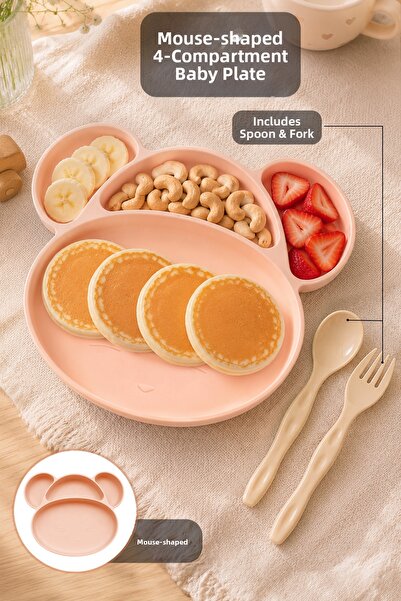 Meleni Baby Mouse Figured Feeding Set - 4-Compartment Baby Food Bowl with Spo...