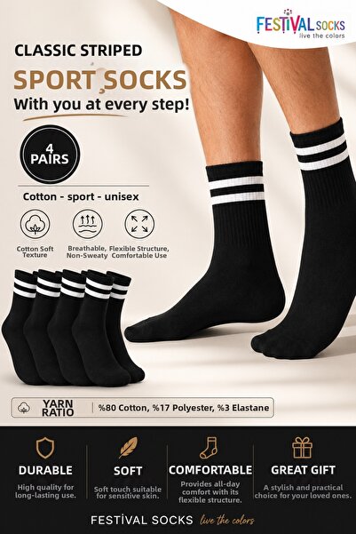 Festival Socks 4 Pairs Black Striped Sports Socks Cotton Unisex College Socks...