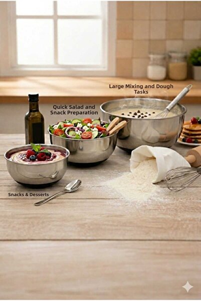 BySevil Stainless Steel Mixing Bowl Set of 3 - Whisk, Salad and Dough Bowl