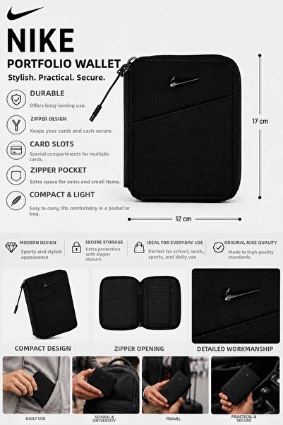 Nike Zippered Portfolio Wallet Black – Card Holder, Coin Compartment, Multi-C...