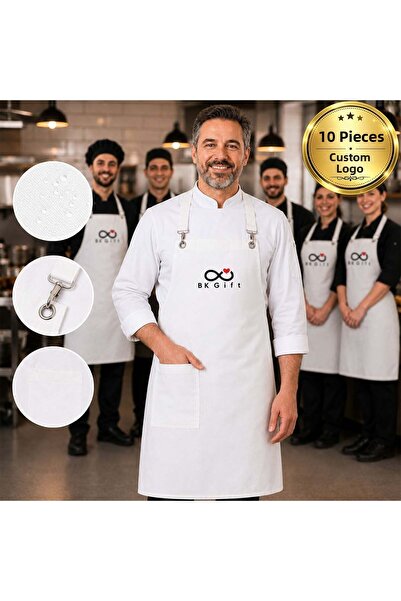Bk Gift 10 White Professional Kitchen Aprons with Your Logo - Cotton Fabric C...
