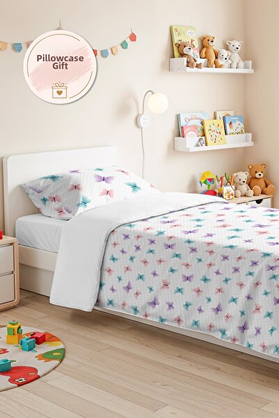 Evimde Bambaşka Kelebek Pastel White Young Room Single Pique Set - Lilac Mint...