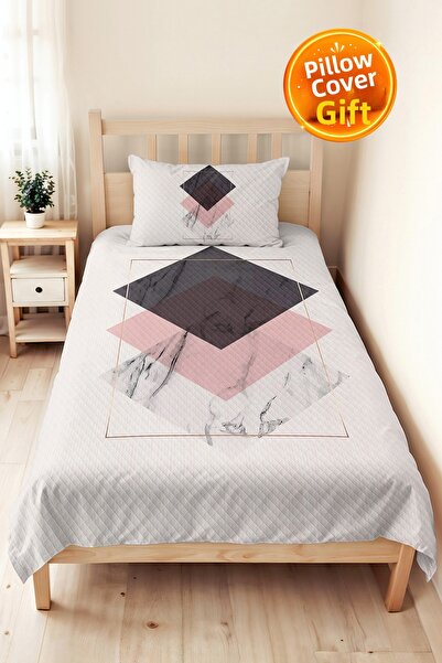 Evimde Bambaşka Geometric Modern Gray Young Room Single Pique Set-Powder Marb...