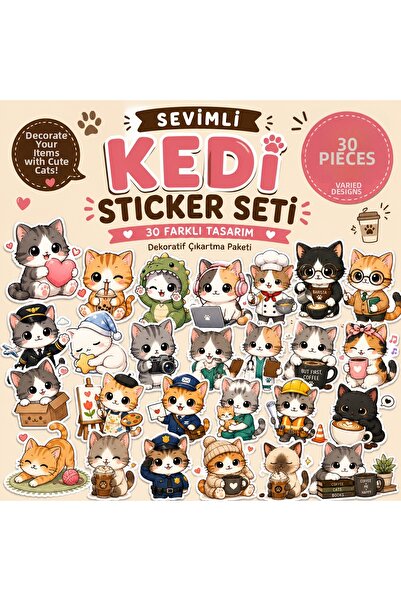 TRİMENT3D Cute Cat Sticker Set – Pack of 30 Different Design Decorative Stickers