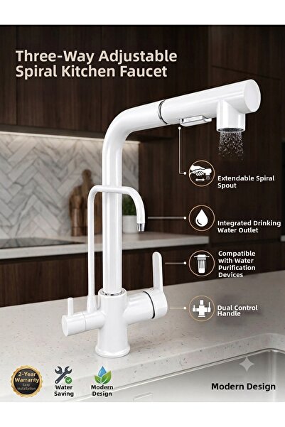 RENA DESIGN White Polished Spiral 2-Mode Head L Pipe Kitchen Sink Faucet Bras...