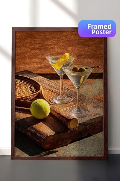 Postifull Martini and Tennis Poster, Brown Framed Poster, Old Money Series, N...