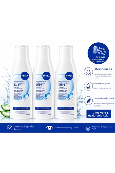NIVEA Aloe Vera + Hyaluronic Acid Sensitive Cleansing Milk 200 ml - for Norma...