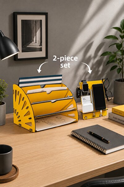 Mingitav Quarter Desktop Organizer and Phone Stand Set of 2 – Wooden File Org...