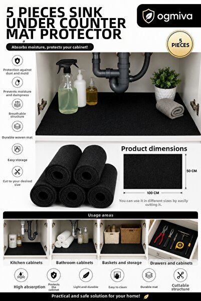 OgMiva 5-Piece under Sink Felt Protective Mat Water Absorbent Cabinet Inner C...