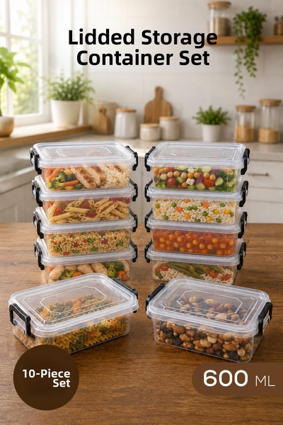 Vienev Set of 10 Lockable Lid Storage Containers 600 ml Transparent Rectangul...