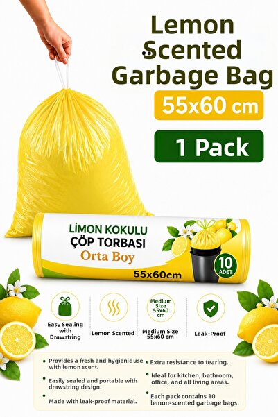 ARVALE Medium Size 55X60 Lemon Scented Drawstring Garbage Bag 10 Pieces (1 Pa...