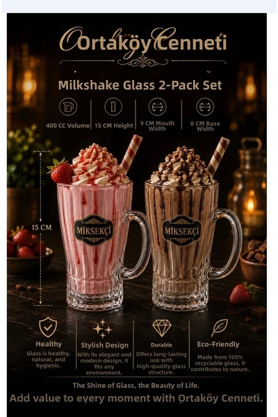 ORTAKÖYCENNETİ Milkshake 2-Piece Glass Thick High-Quality Cup 400 Cc Volume 1...