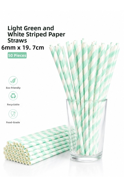 alenked Light Green White Striped Paper Straws 6mm X 19.7 cm -50 Pieces