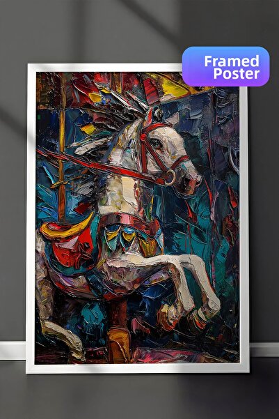 Zestia Pictură murală artistică în ulei cu ramă albă, figură colorată de cal ...