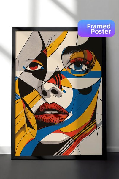 Zestia Black Framed Modern Cubist Art Wall Painting, Geometric Female Portrai...