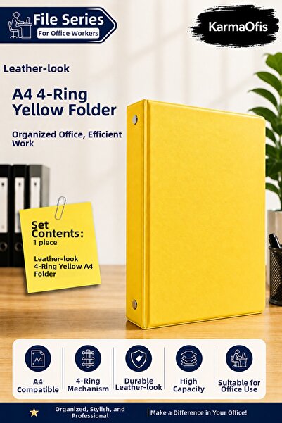 KarmaOfis A4 4-Ring Yellow Faux Leather Folder |   Office and Document Organi...