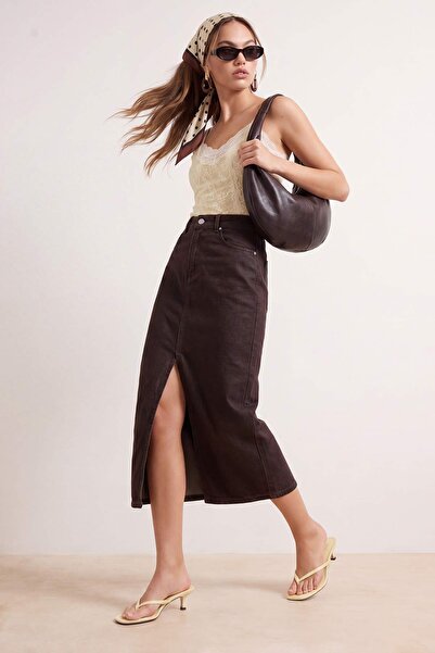 Trendyol Collection Fusta midi din denim maro TWOAW26ET00140