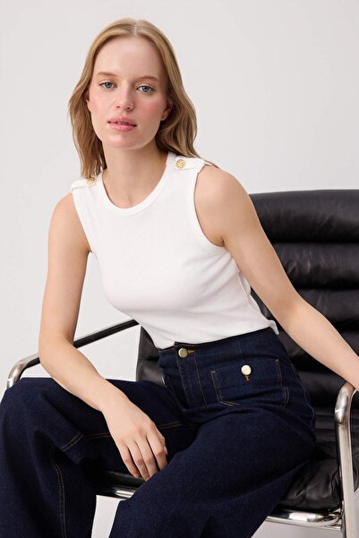 Trendyol Collection Ecru Fitted/Sleeveless Buttoned Ribbed Stretchy Knitted U...