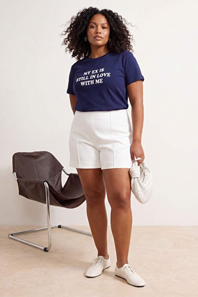 Trendyol Curve Navy Blue Slogan Fitted Cotton Ribbed Knitted Plus Size T-Shir...