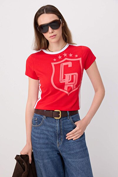 Trendyol Collection Red Printed Fitted/Body-Fitting Stripe Detailed Cotton St...