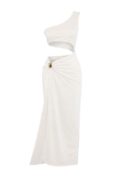 Trendyol Collection Ecru Knitted Maxi One-Shoulder Beach Dress with Draped Ac...