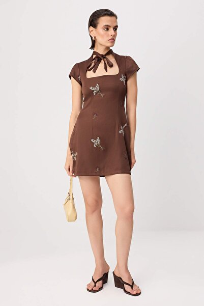 Trendyol Collection Brown Embroidered / Embroidered Short / Mini Woven Dress ...