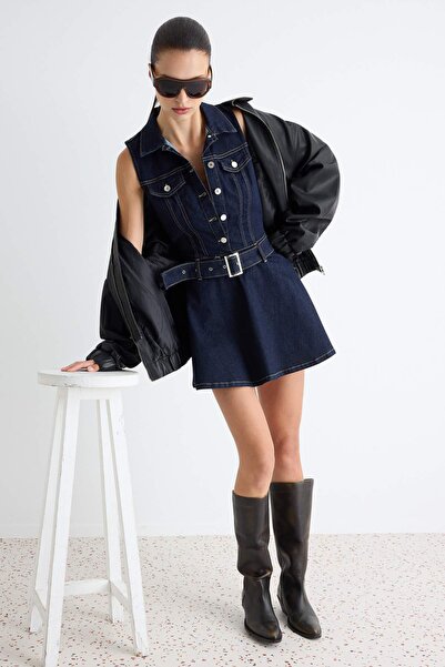 Trendyol Collection Dark Blue Shirt Collar Belt Detailed Short Denim Dress Tw...