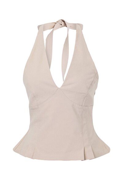 Trendyol Collection Bluză bej din gabardină cu guler halter TWOSS26BZ00977