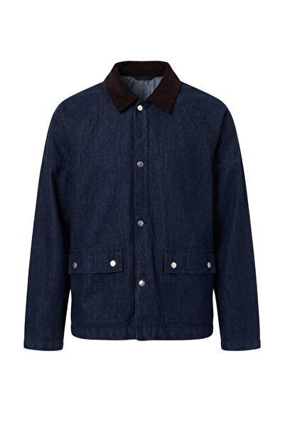 Trendyol Collection Navy Blue Pocketed Velvet Collar Seasonal Men's Denim Jac...