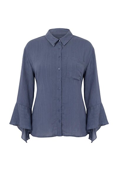 Trendyol Curve Mavi Oversize Modal Balloon Long Sleeve Plus Size Shirt Tbbaw2...